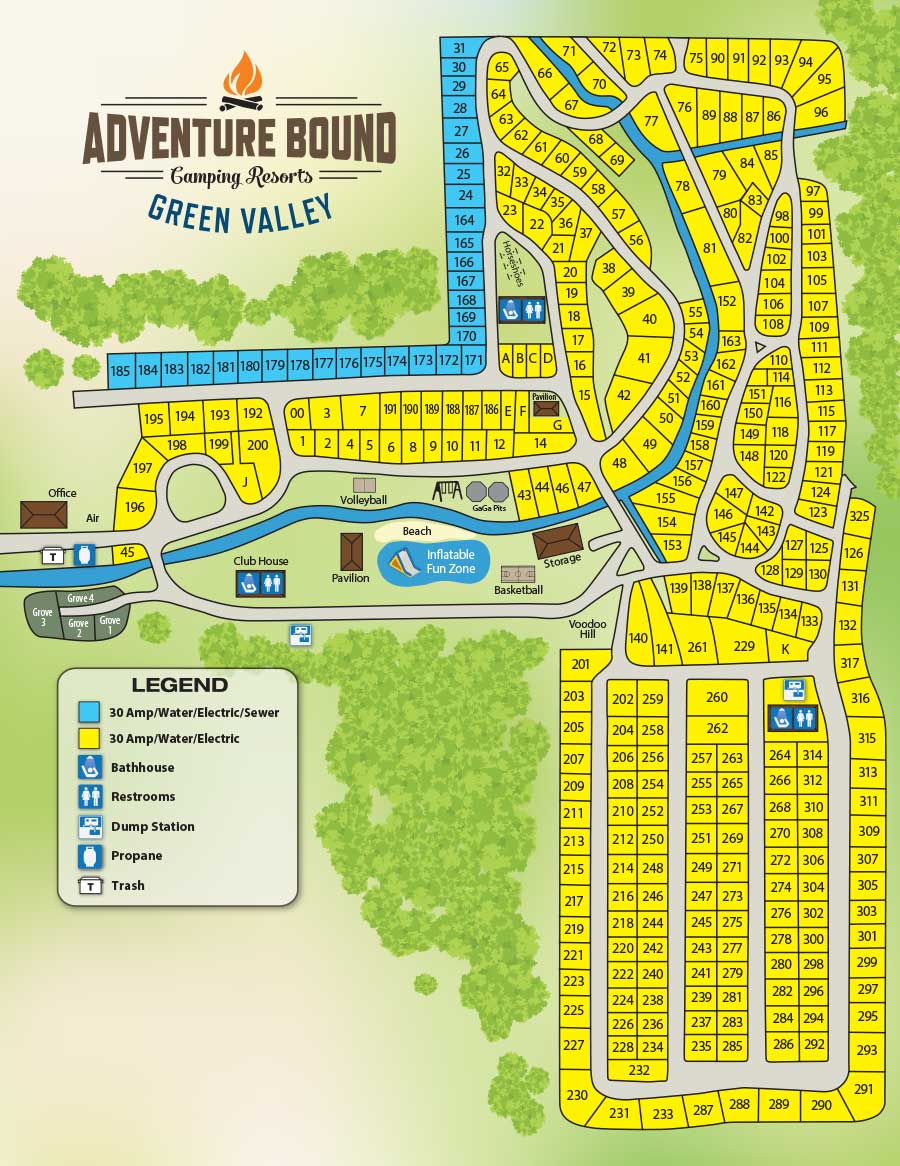 Adventure Bound Green Valley campground map showing RV sites, tent sites, swimming pond, and amenities